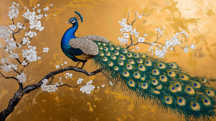 A peacock on a branch of a tree with beautiful white colored flowers.