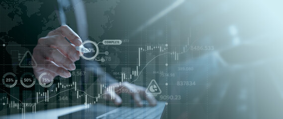 businessman trading in stock market exchange on virtual screen in office workplace signing investment documents and money management with trading chart financial planning for saving and passive income