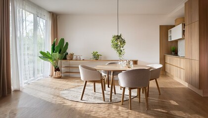 Fototapeta premium Stylish home living room interior with rest and dining zone, window. Mockup wall