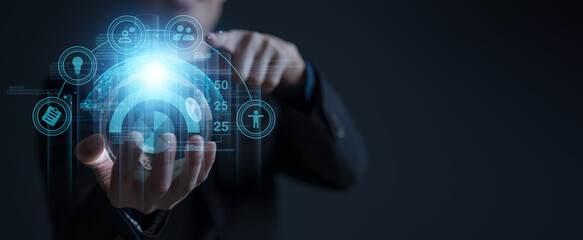 businessman on document planning the business plans and analyse  profitability of working companies with digital augmented virtual graphics for project manager working on laptop and update information