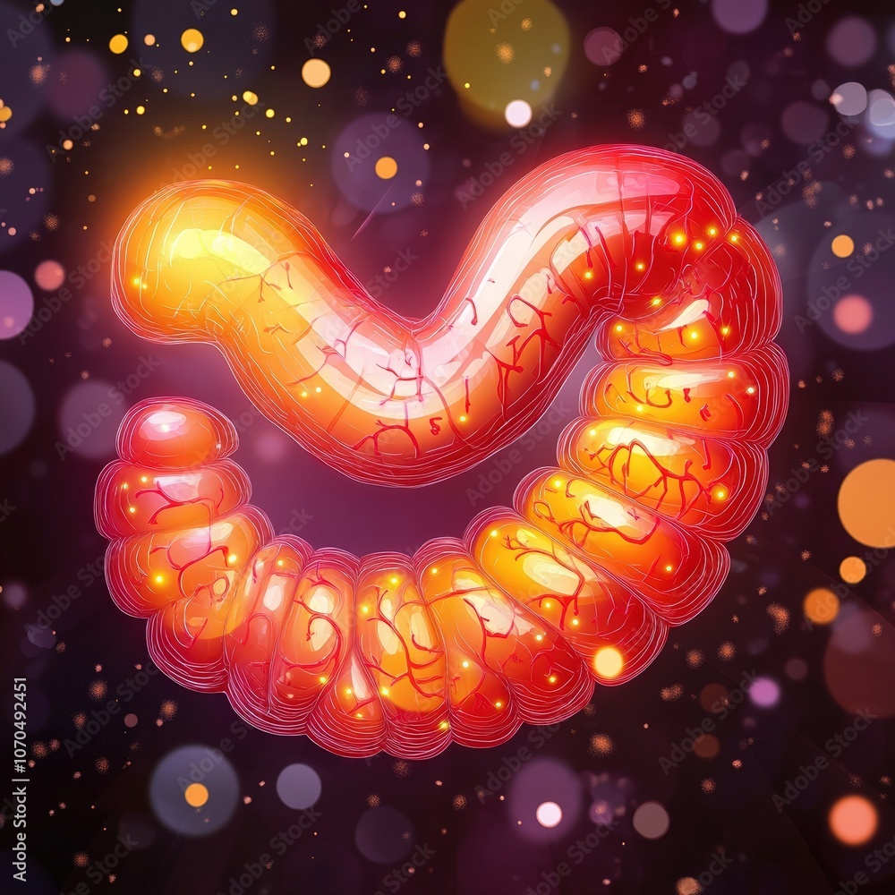 Poster glowing abstract intestinal shape with colorful bokeh background, white isolated.