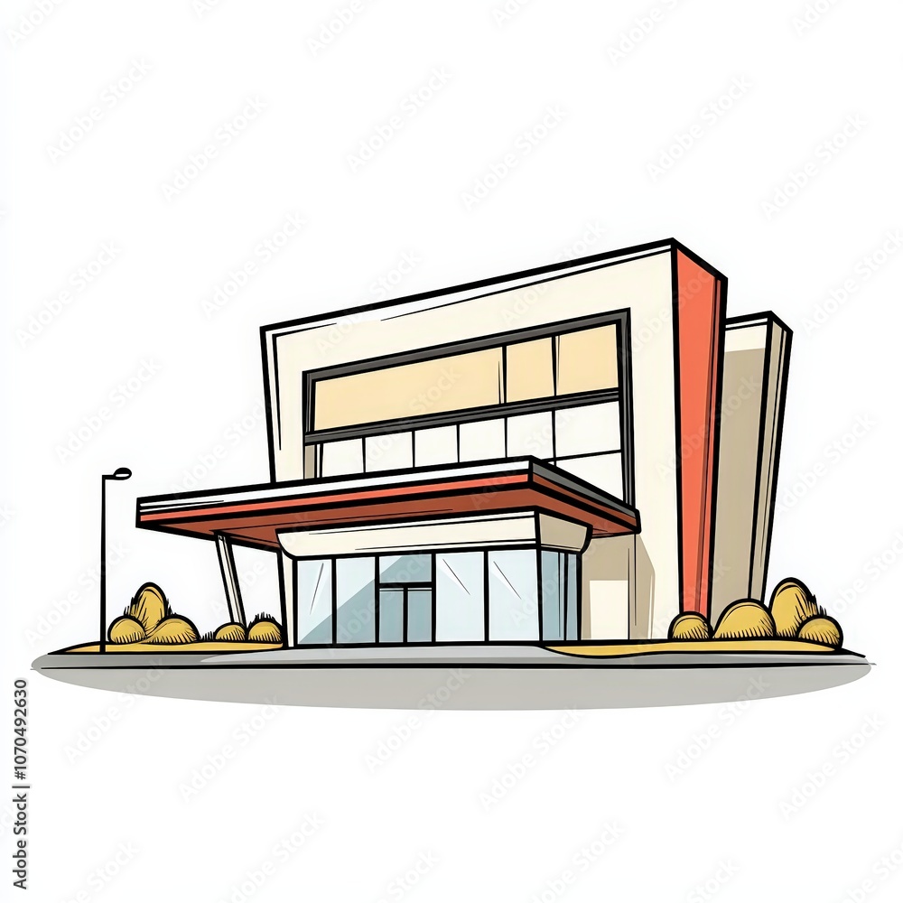 Poster modern architectural building design with landscaping in front.