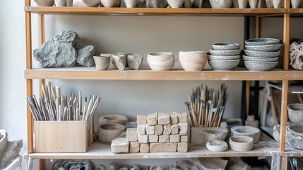 Rustic workshop with ceramic items on wooden shelves
