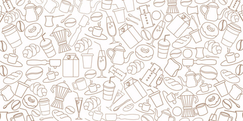 Coffee, tea line design. Hot cup, milk pitcher, aroma beans, kettle for breakfast, lunch, sweet dessert, chocolate candy, fresh croissant. Sketch banner, poster for menu,food shop, bakery and cafe