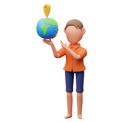 3D character holding a globe with location pin