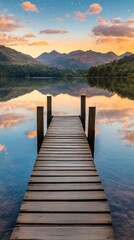 Fototapeta premium Wooden pier stretching into calm lake at sunset with mountain reflection