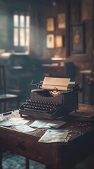 A cinematic still of an antique typewriter on top of a wooden table, with paper and ink next to it