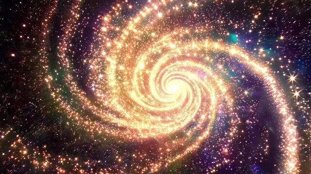 Spiral abstract infinity pattern made of golden and purple shiny particles. Dynamic cosmic time travel vortex motion graphics. Glowing galaxy spiral effect. Spiraling hypnotic astrology background.