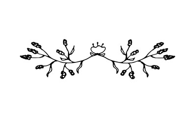 Ornate floral border divider for decorating postcards, invites, banners. Vector illustration of leaves and flowers in the doodle style.