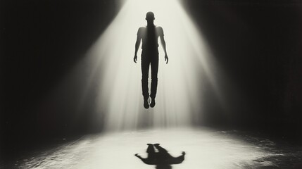Mysterious silhouette of person floating in beam of light