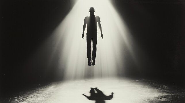 Mysterious silhouette of person floating in beam of light