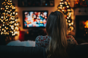 Woman sitting in her cozy home, watching tv, Christmas holiday program. Ai 