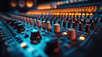 Close-up of a sound mixing console with illuminated controls.