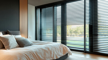 A modern window with brise soleil in a comfortable bedroom