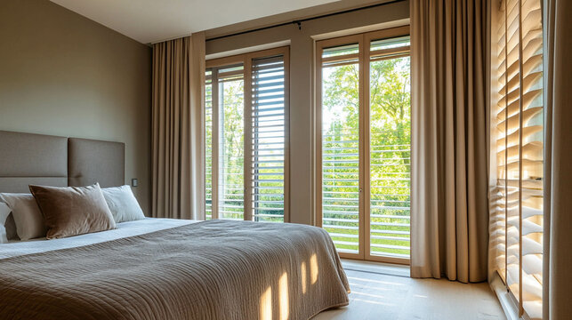 A modern window with brise soleil in a comfortable bedroom