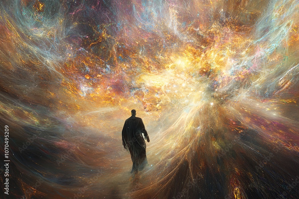 Poster a figure walks toward a vibrant cosmic explosion, exploring the depths of the universe in a stunning