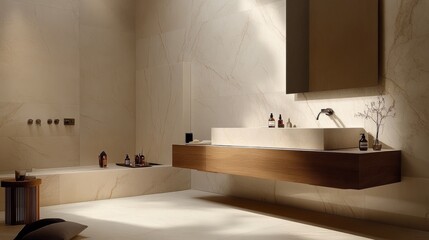 Elegant bathroom with wooden accents, marble walls, and a floating vanity; warm tones add to the minimalist design