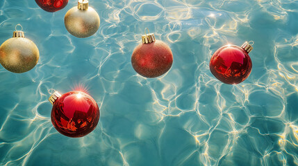 Red and golden Christmas ornaments floating in clean blue water in a pool