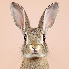 Fototapeta premium A close-up of a cute bunny with big ears and a pink nose looking directly at the camera.