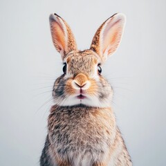 Obraz premium A close-up portrait of a curious brown rabbit with large ears looking directly at the camera.