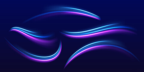 Speed police line. Laser beams, horizontal light rays. Magic shining neon light line trails. Purple glowing wave swirl, impulse cable lines. High speed effect motion blur night lights