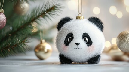 Fototapeta premium Cute circular Christmas decoration in the shape of a panda head, with a fluffy and cute design and a white background, perfect for holiday decoration, adding charm and playfulness to the festival.