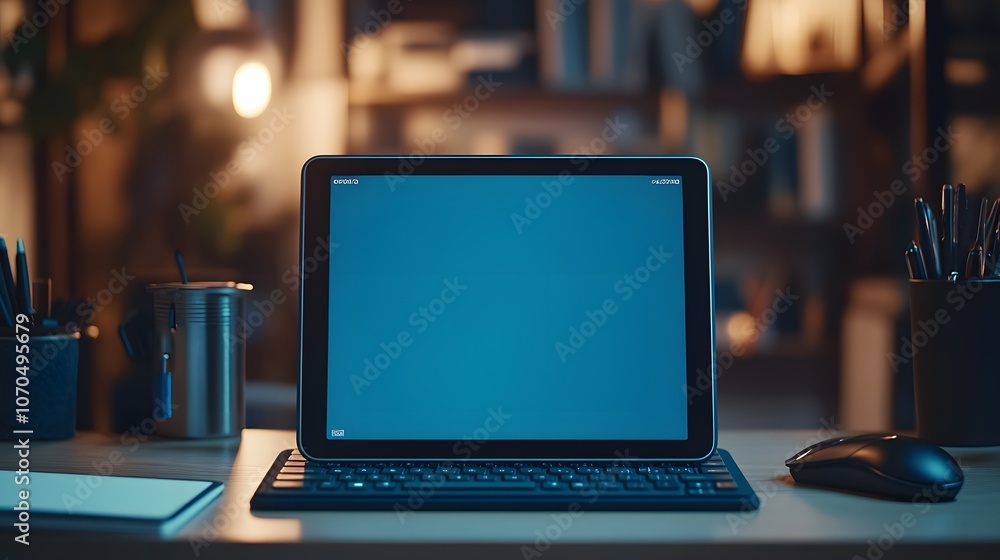 Poster a tablet on a desk with a keyboard and mouse, set in a cozy, dimly lit workspace.