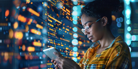 Woman Using Tablet with Digital Data Overlay, Modern Technology User with Virtual Interface