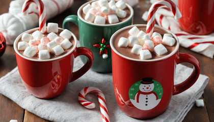 Hot chocolate with marshmallows and candy cane in festive mugs on a wooden table. Christmas and winter holiday drink concept.