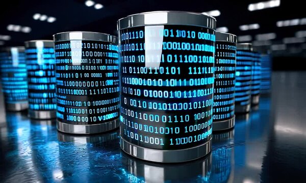 Data storage with binary code on metallic cylinders, illuminated by blue lights.