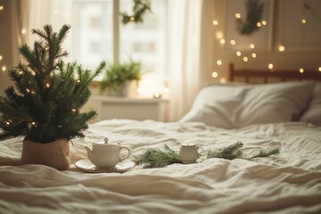 cozy Japandi style bedroom decorated for Christmas with simple garlands, a small potted pine tree, and a tea set, minimal background with copy space