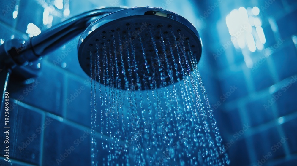 Poster a close-up of a showerhead with water cascading down, creating a refreshing atmosphere.