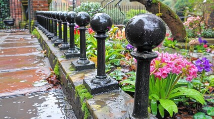 A rain-soaked garden path with a decorative black railing and vibrant flowers, creating a serene, picturesque scene.