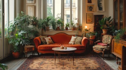 Fototapeta premium Cozy Living Room with Orange Sofa and Plants