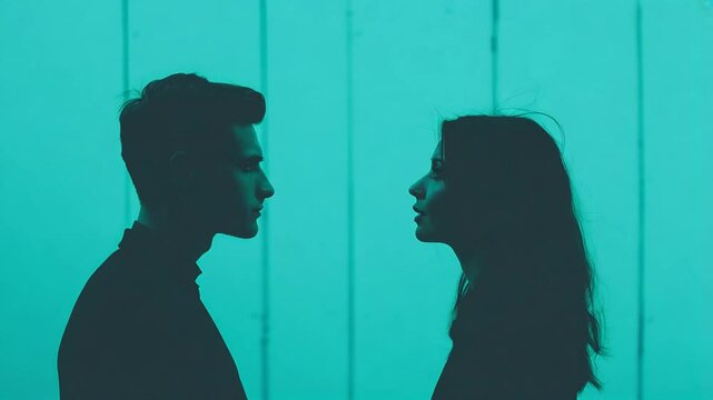 Man And Woman Looking Each Other Blue Neon Lighting