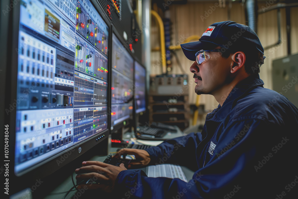 Poster engineers and technicians in the control room monitor the operation of the air conditioner.
