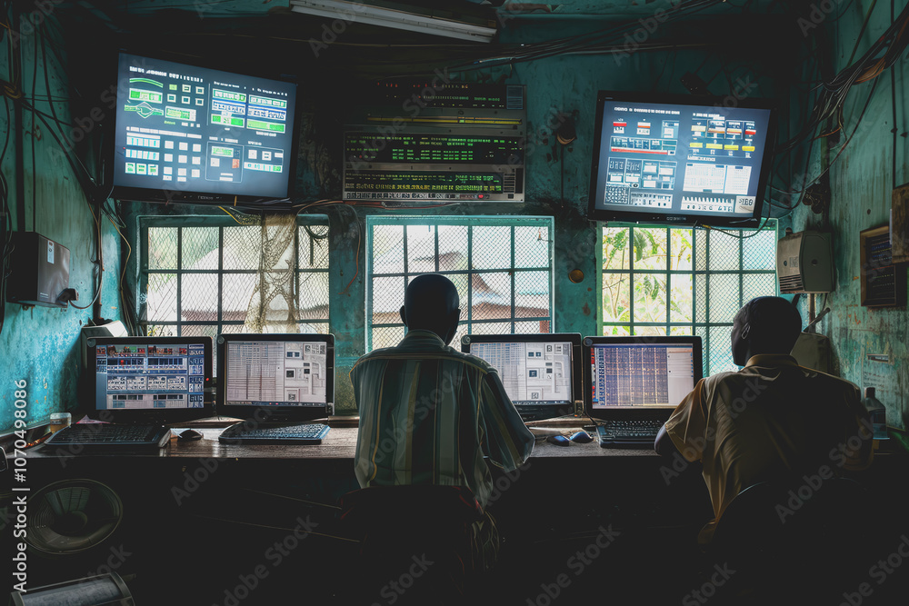 Poster engineers and technicians in the control room monitor the operation of the air conditioner.