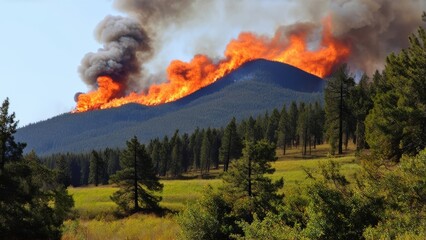 Fototapeta premium A large fire burns on a mountain top in the distance. Forest in the foreground