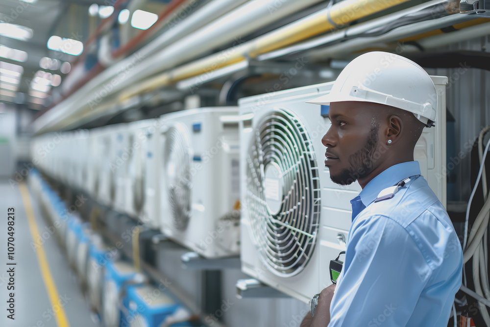 Poster engineers and technicians in the control room monitor the operation of the air conditioner.