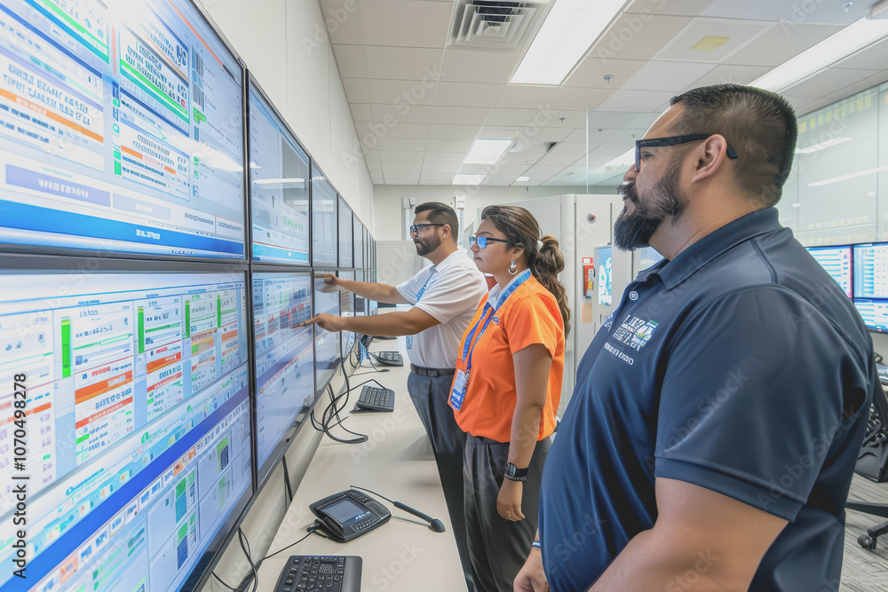 Poster engineers and technicians in the control room monitor the operation of the air conditioner.