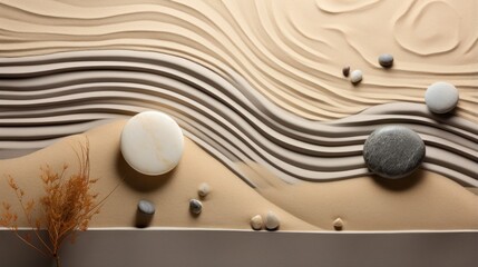 Zen Garden Aesthetic. Tranquil Sand Patterns with Natural Elements and Textured Stones. Meditation, Calm Atmosphere