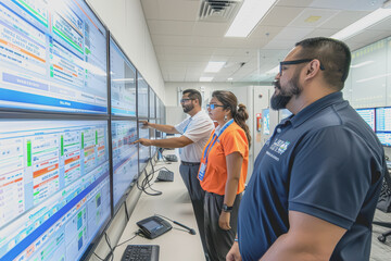 Engineers and technicians in the control room monitor the operation of the air conditioner.