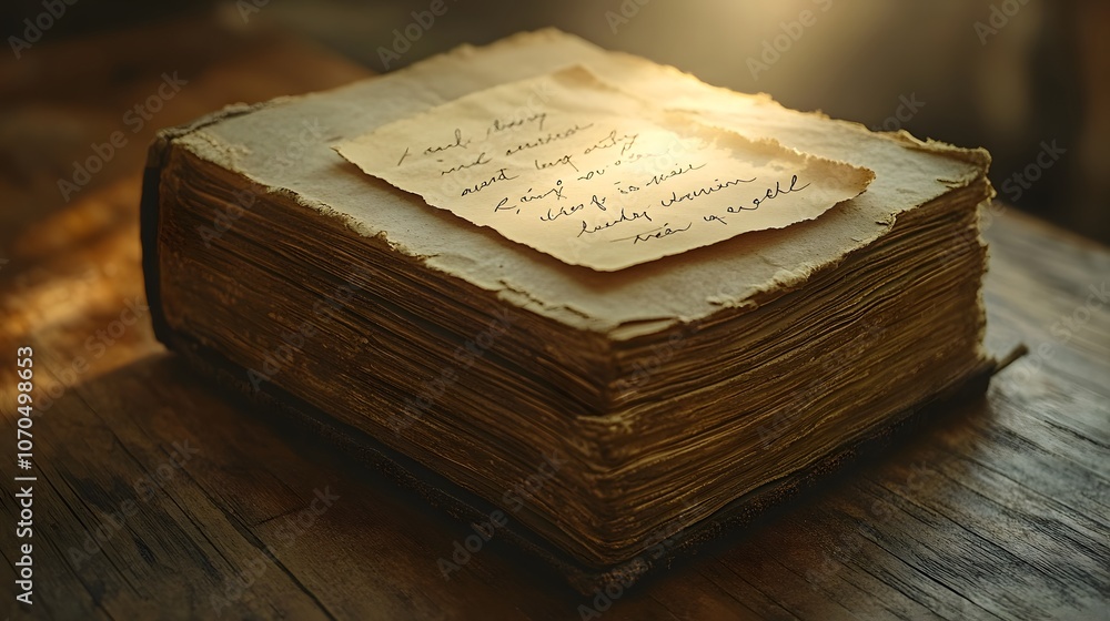Aufkleber a weathered book with a note resting on top, illuminated by soft light.