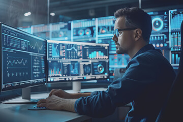 Engineers and technicians in the control room monitor the operation of the air conditioner.