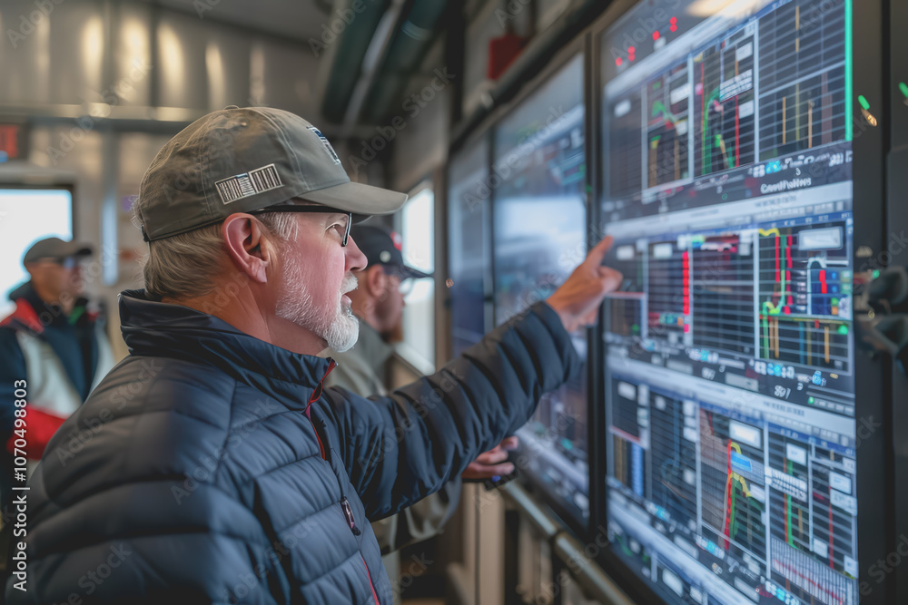 Poster engineers and technicians in the control room monitor the operation of the air conditioner.