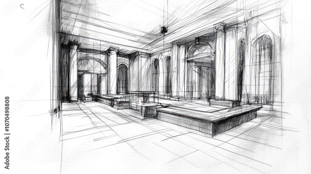 Aufkleber a sketch of a spacious architectural interior with columns and large open areas.
