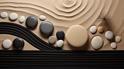 Zen Garden Aesthetic. Tranquil Sand Patterns with Natural Elements and Textured Stones. Meditation, Calm Atmosphere