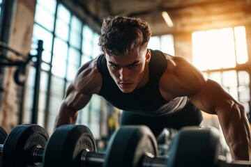 A young guy is doing push-ups in the gym.