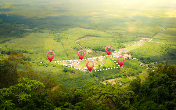 Land plot in aerial view. Gps registration survey of property, real estate for map with location, area. Concept for residential construction and development. Also home, house for sale, buy, purchase.