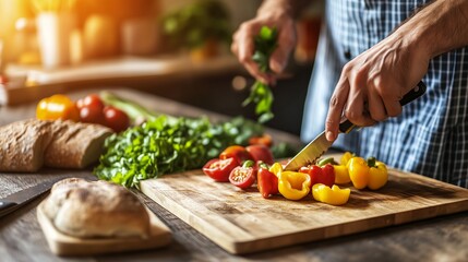 Man preparing food, cutting vegetables on a cutting board.